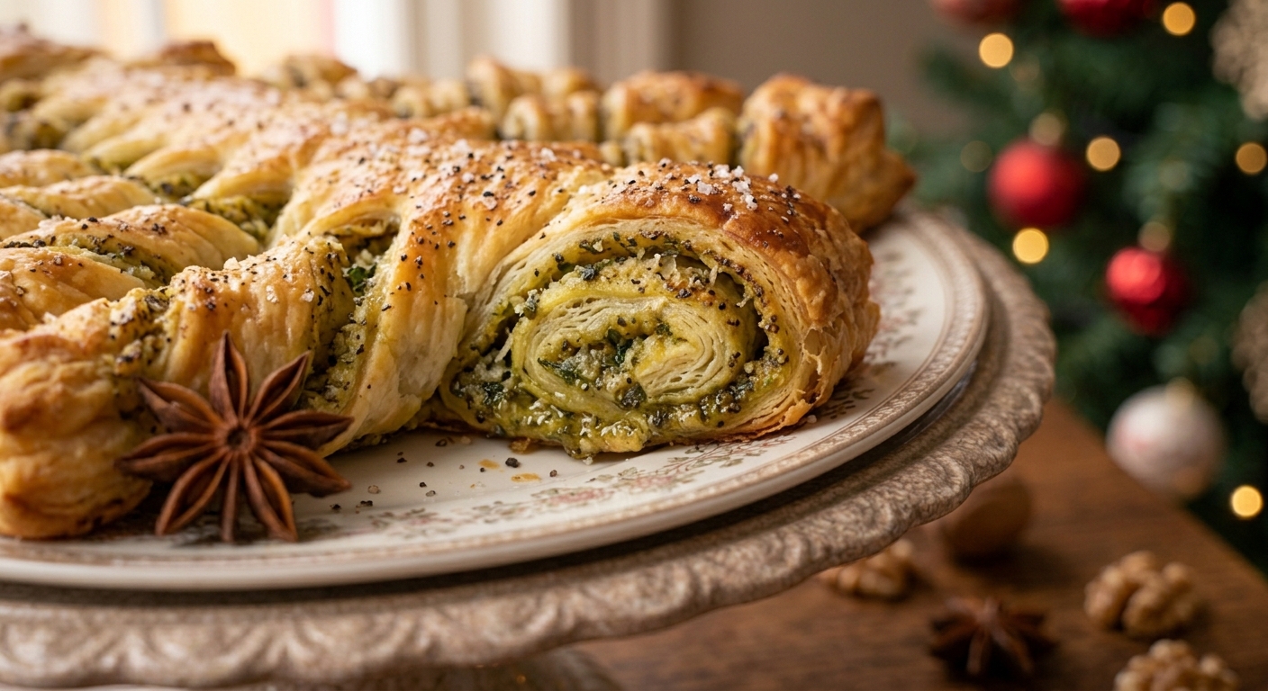 Árbol navideño de hojaldre y pesto terminado y listo para servir