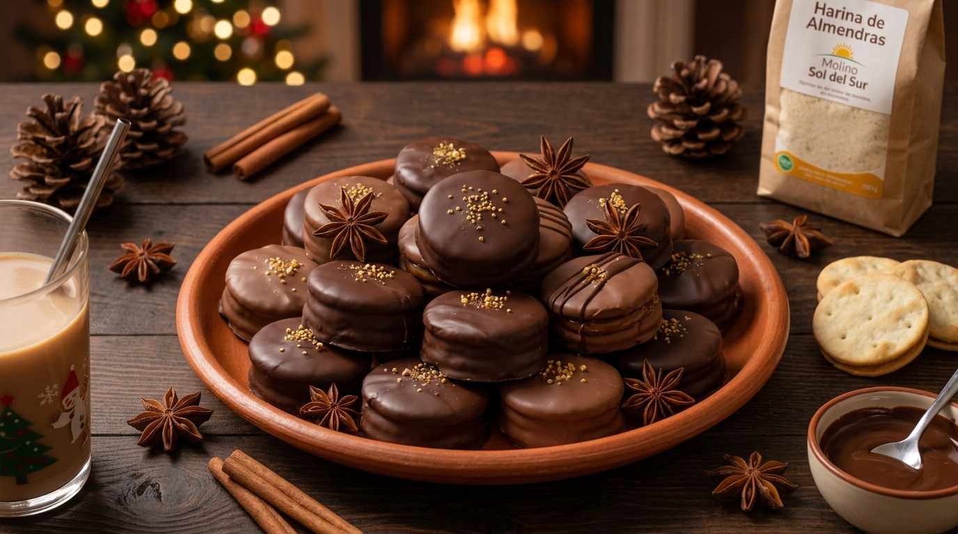 Alfajores rellenos de manjar bañados en chocolate