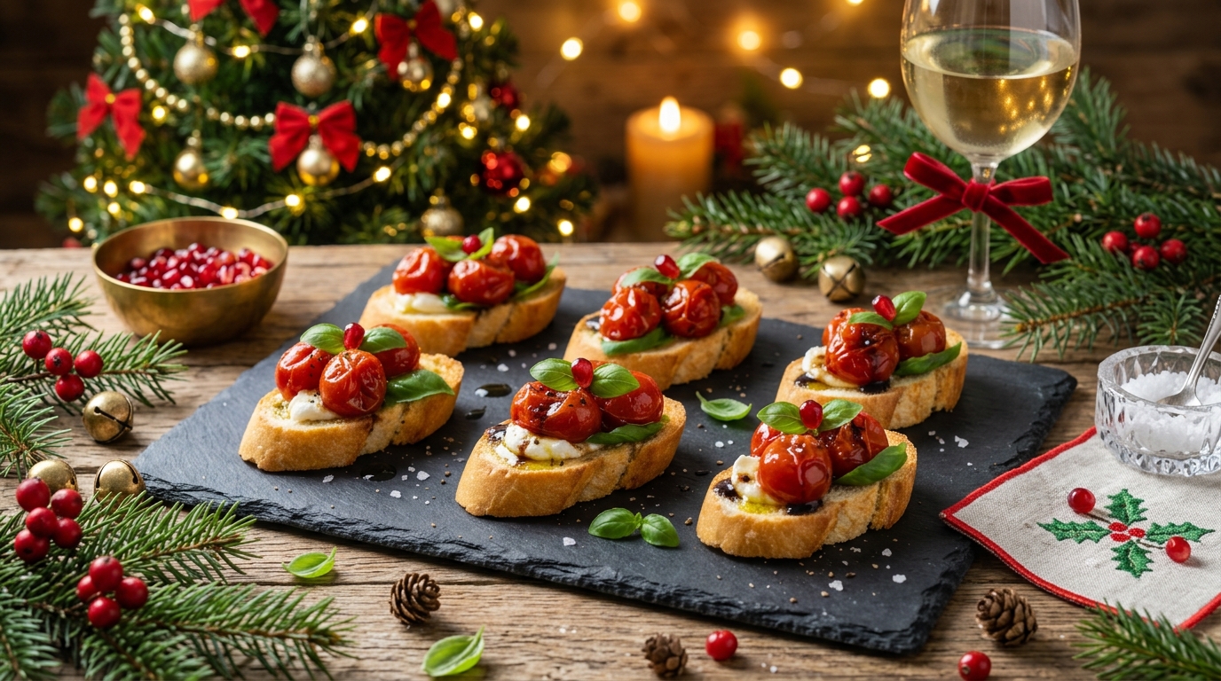 Canapés de tomate confitado y albahaca terminado y listo para servir