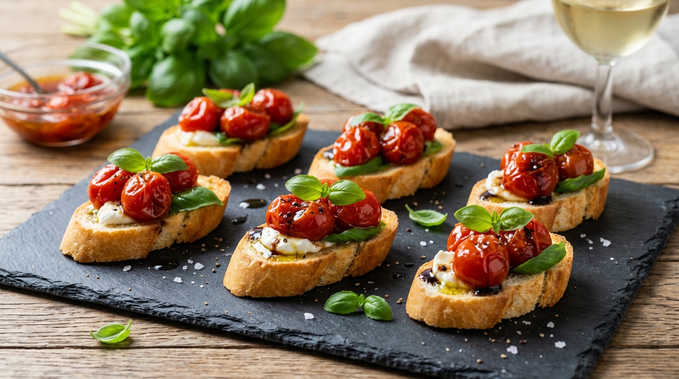 Canapés de tomate confitado y albahaca