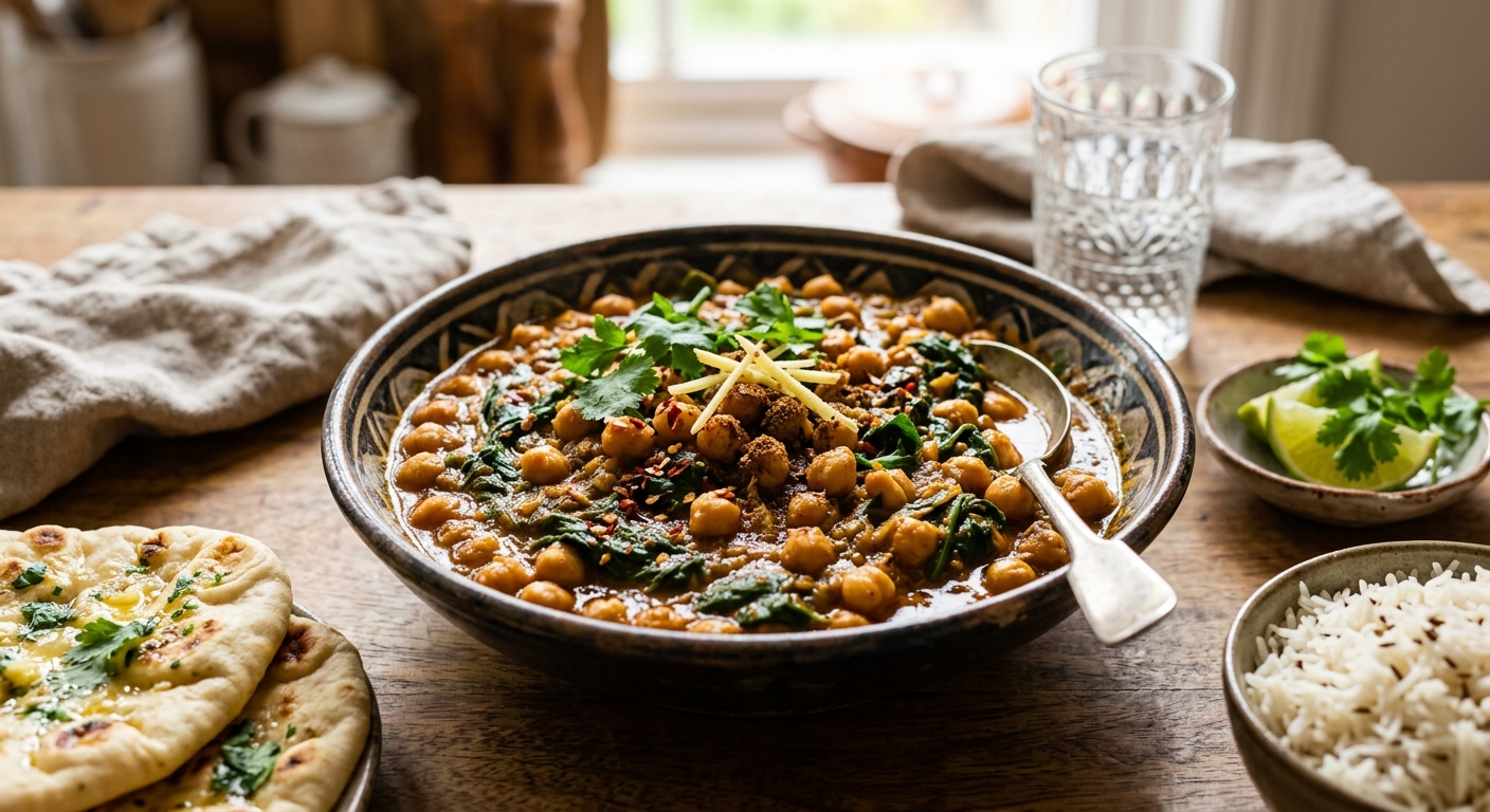 Garbanzos y espinacas incorporándose a la salsa especiada