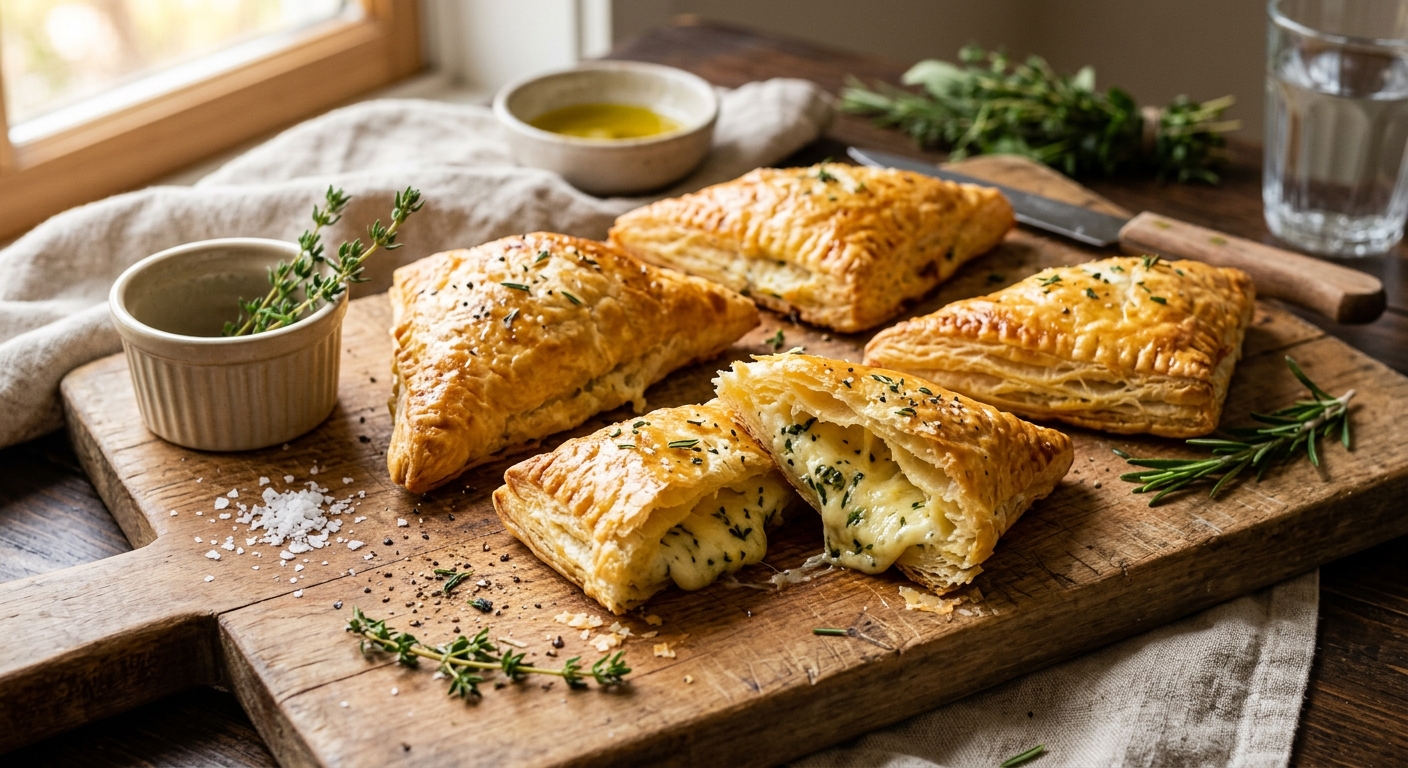 Hojaldres rellenos de queso y hierbas terminado y listo para servir