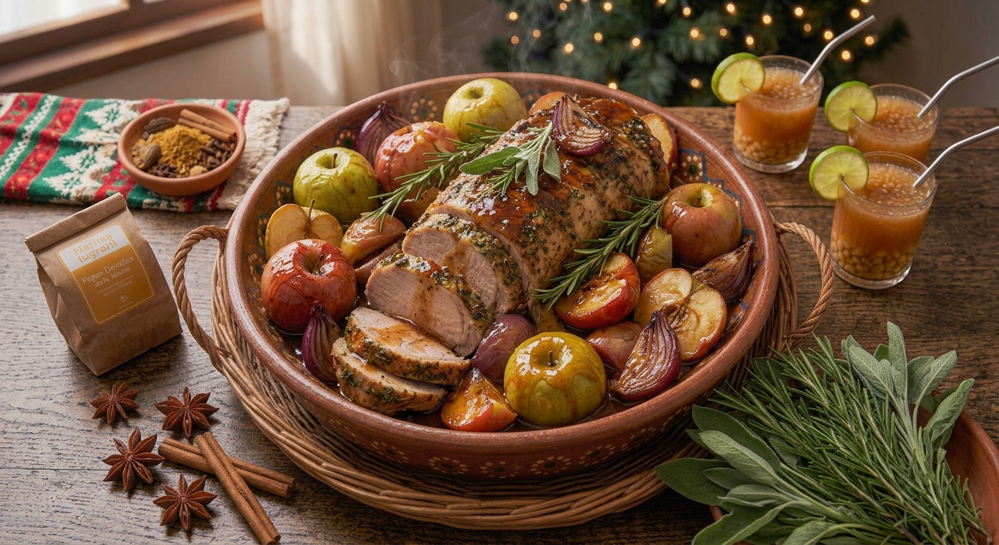 Lomo de cerdo con salsa de manzana servido para una cena festiva
