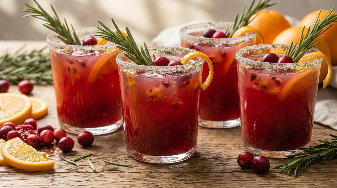 Mocktail de arándanos, naranja y romero listo para servir