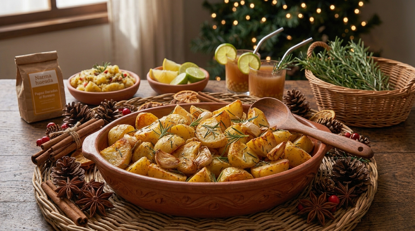 Papas doradas al romero y ajo servido para una cena festiva
