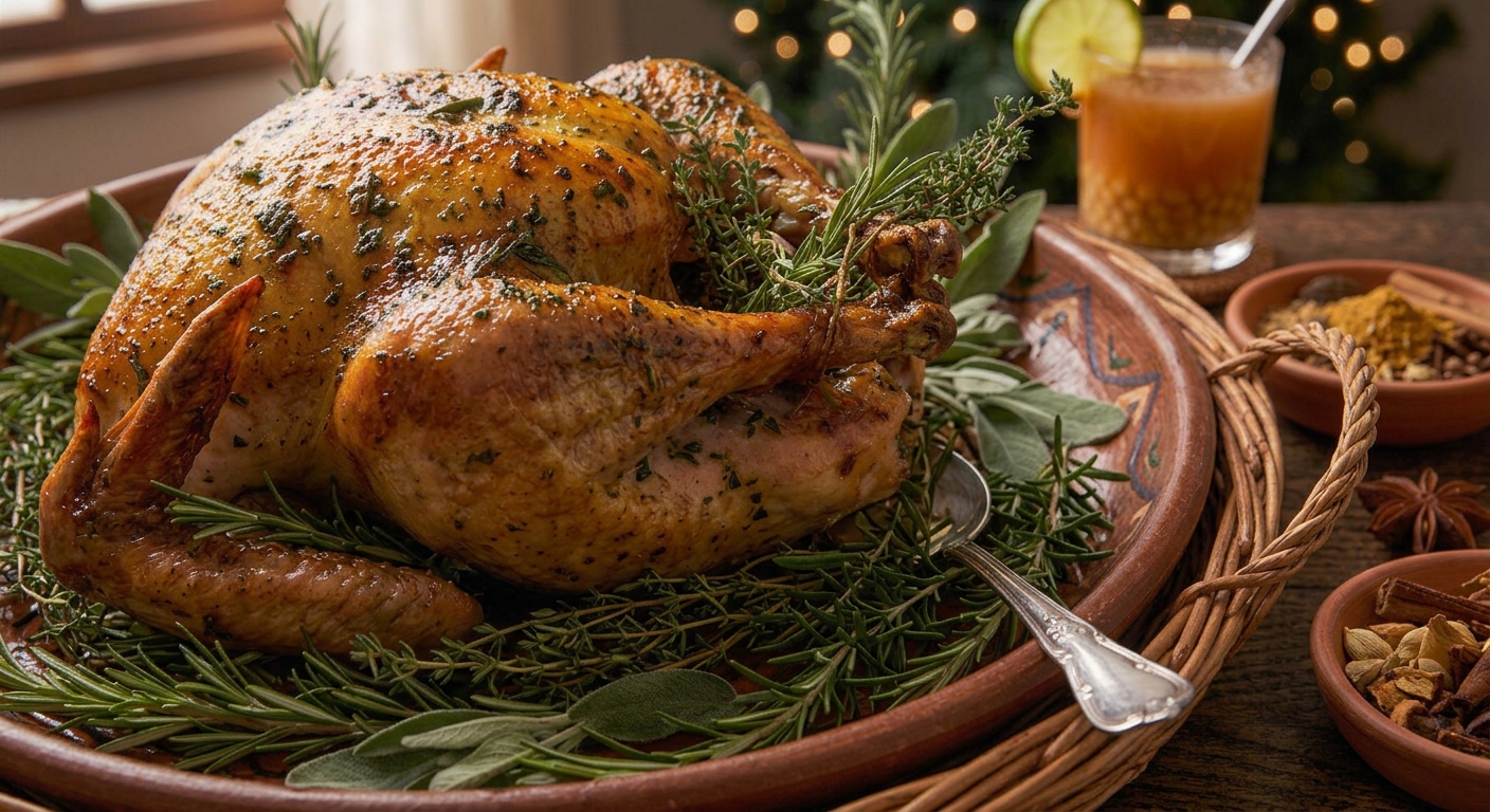Pavo al horno con hierbas y mantequilla servido para una cena festiva