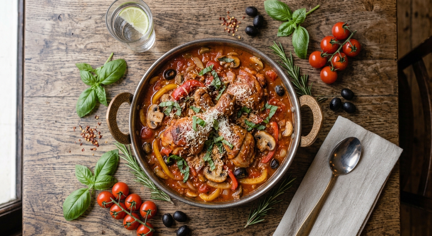 Pollo cacciatore guisado en tomate con aceitunas y hierbas