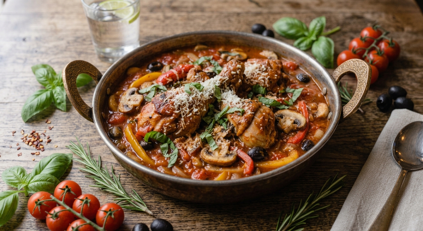 Pollo cacciatore en salsa de tomate, vino, aceitunas y hierbas
