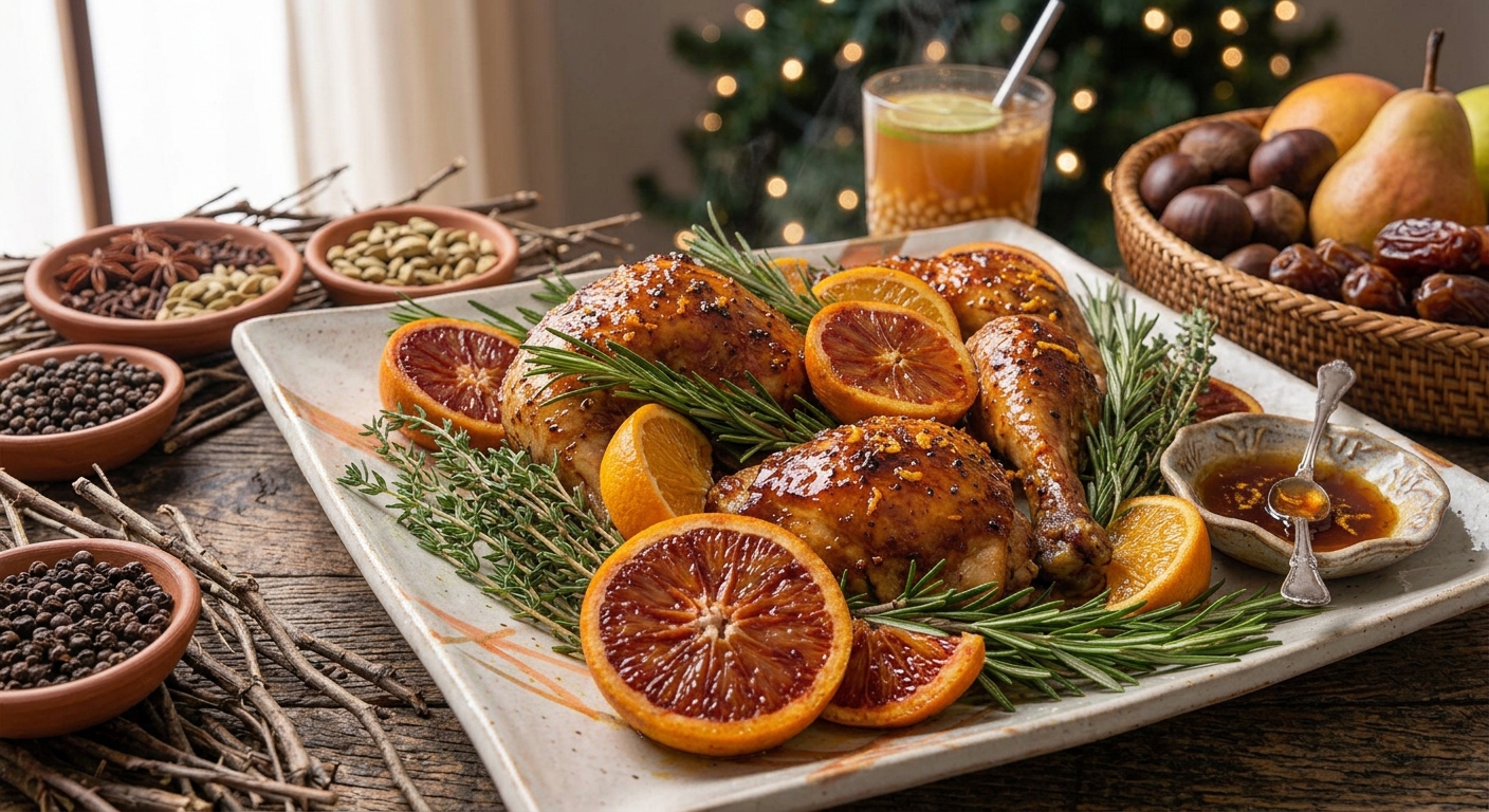 Pollo glaseado con naranja y miel servido para una cena festiva