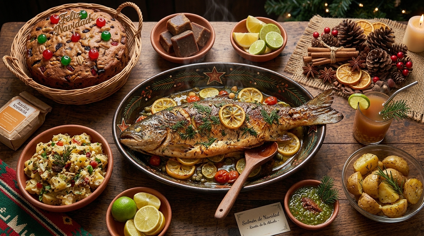 Salmón al horno con limón y eneldo servido para una cena festiva