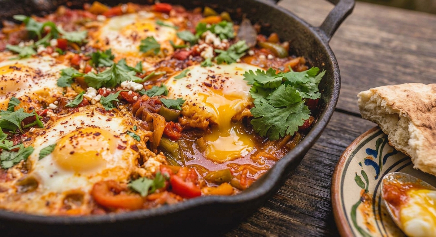 Salsa especiada de tomate con cavidades listas para los huevos