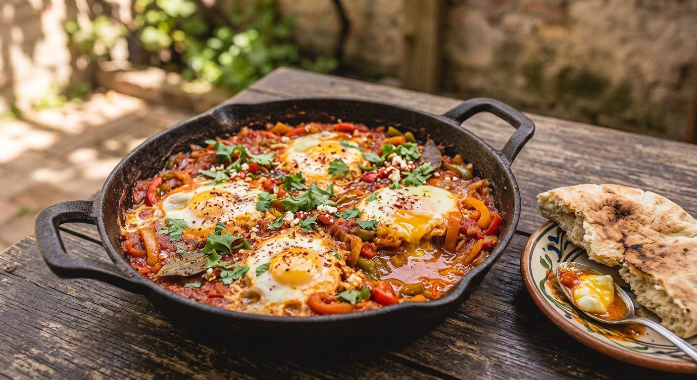 Shakshuka con huevos sobre salsa espesa de tomate y pimentón