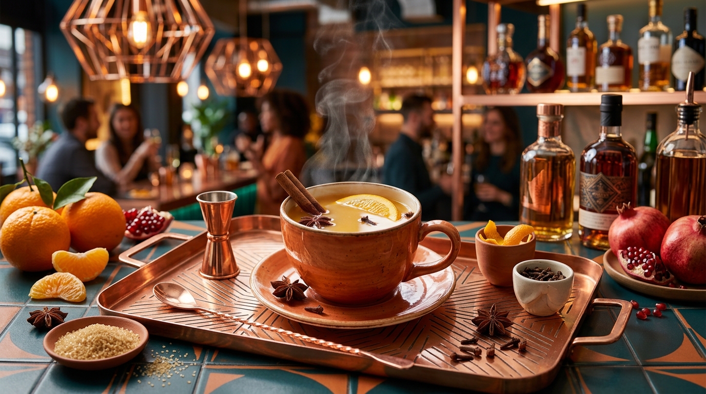 Sidra caliente de naranja con especias listo para servir