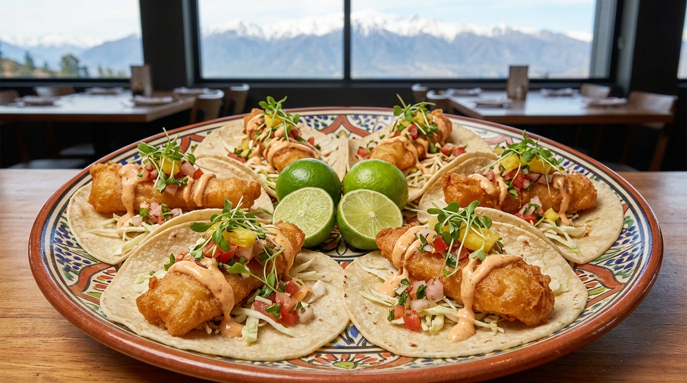 Tacos estilo Baja con pescado rebozado, col y salsa