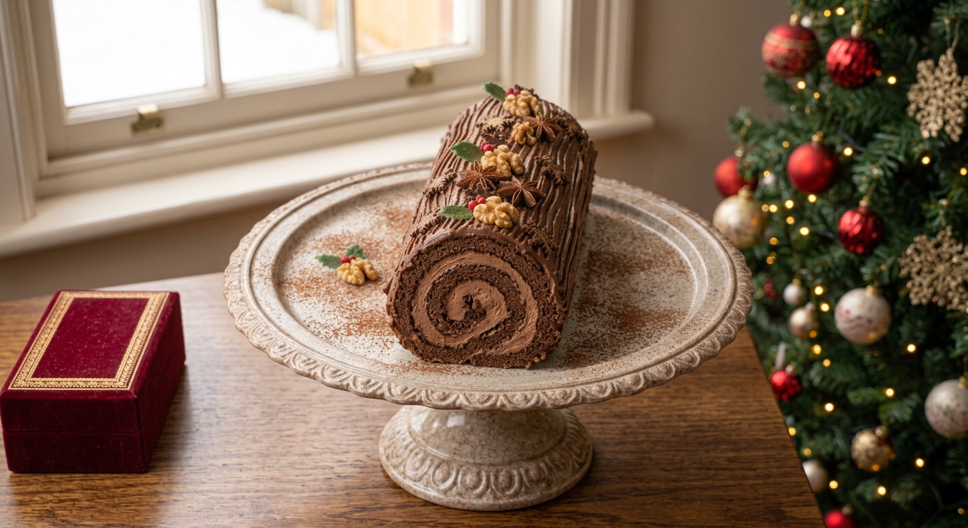 Tronco navideño de chocolate terminado y listo para servir