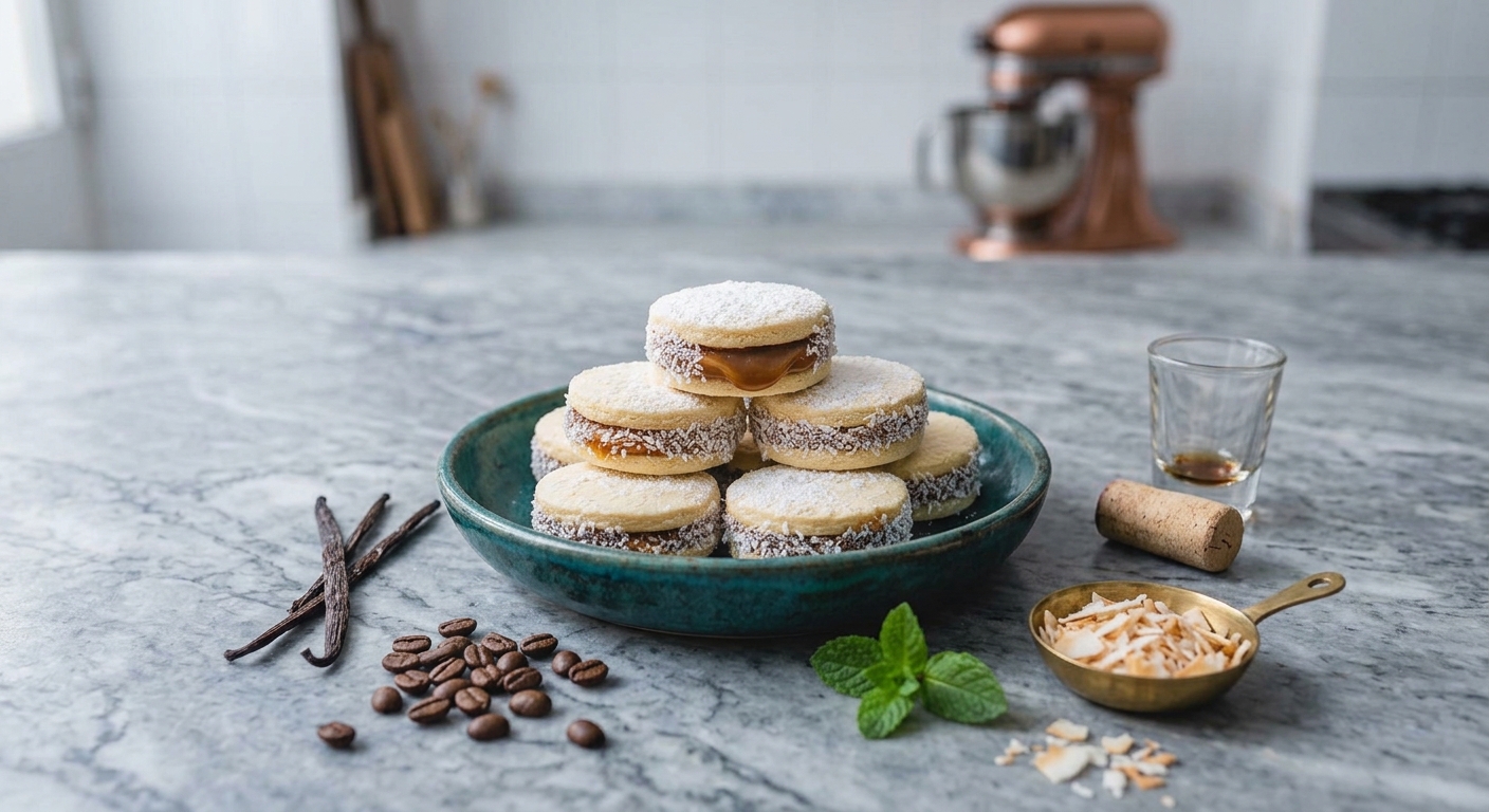 Alfajores de maicena rellenos y rebozados con coco rallado