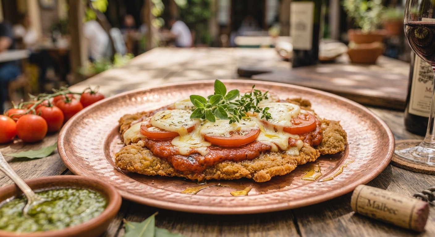 Milanesa a la napolitana con mozzarella gratinada y orégano