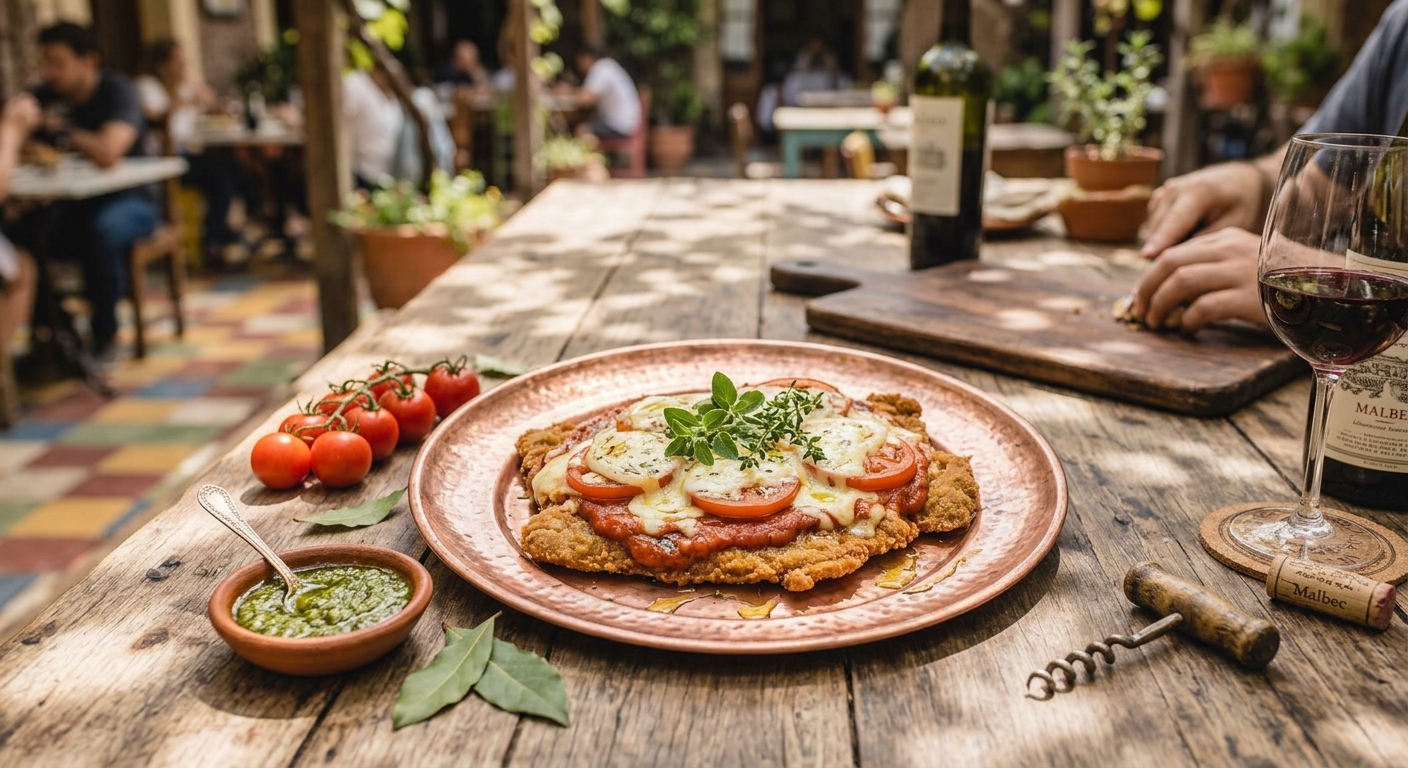 Milanesa argentina empanada con salsa de tomate, jamón y queso gratinado