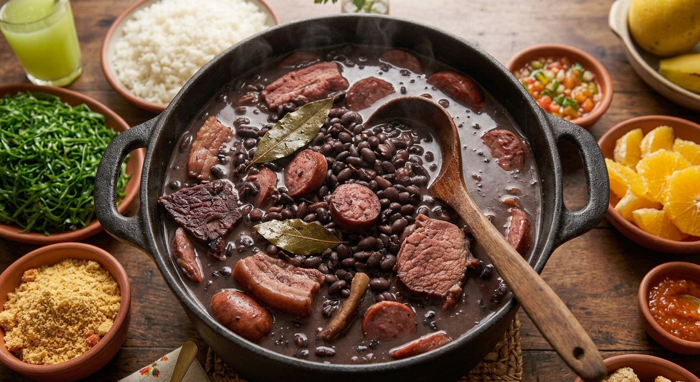 Feijoada servida con arroz, farofa y naranja