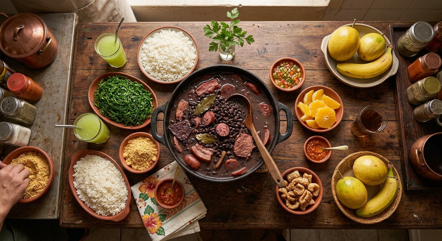 Feijoada brasileña acompañada de arroz, farofa y naranja