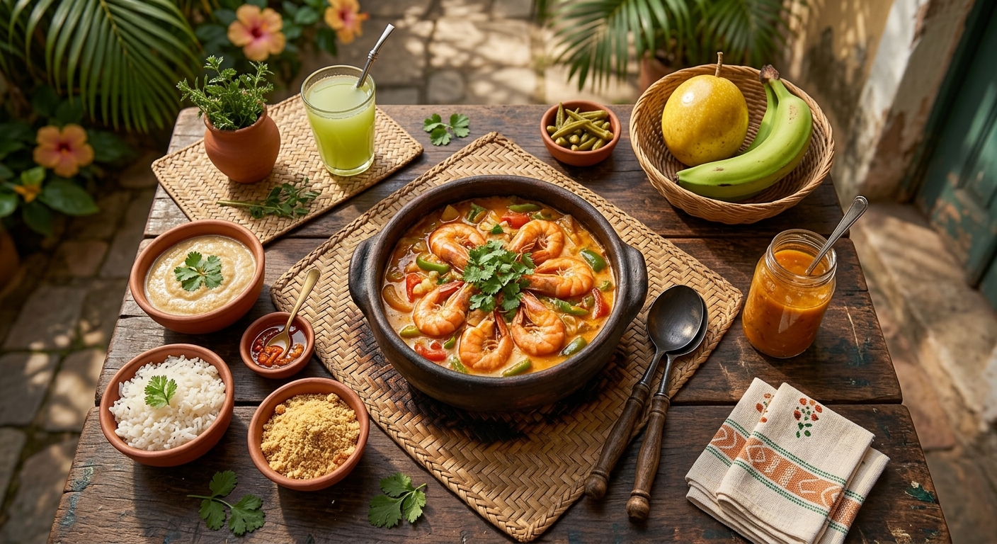 Moqueca baiana de camarones con vegetales y cilantro fresco