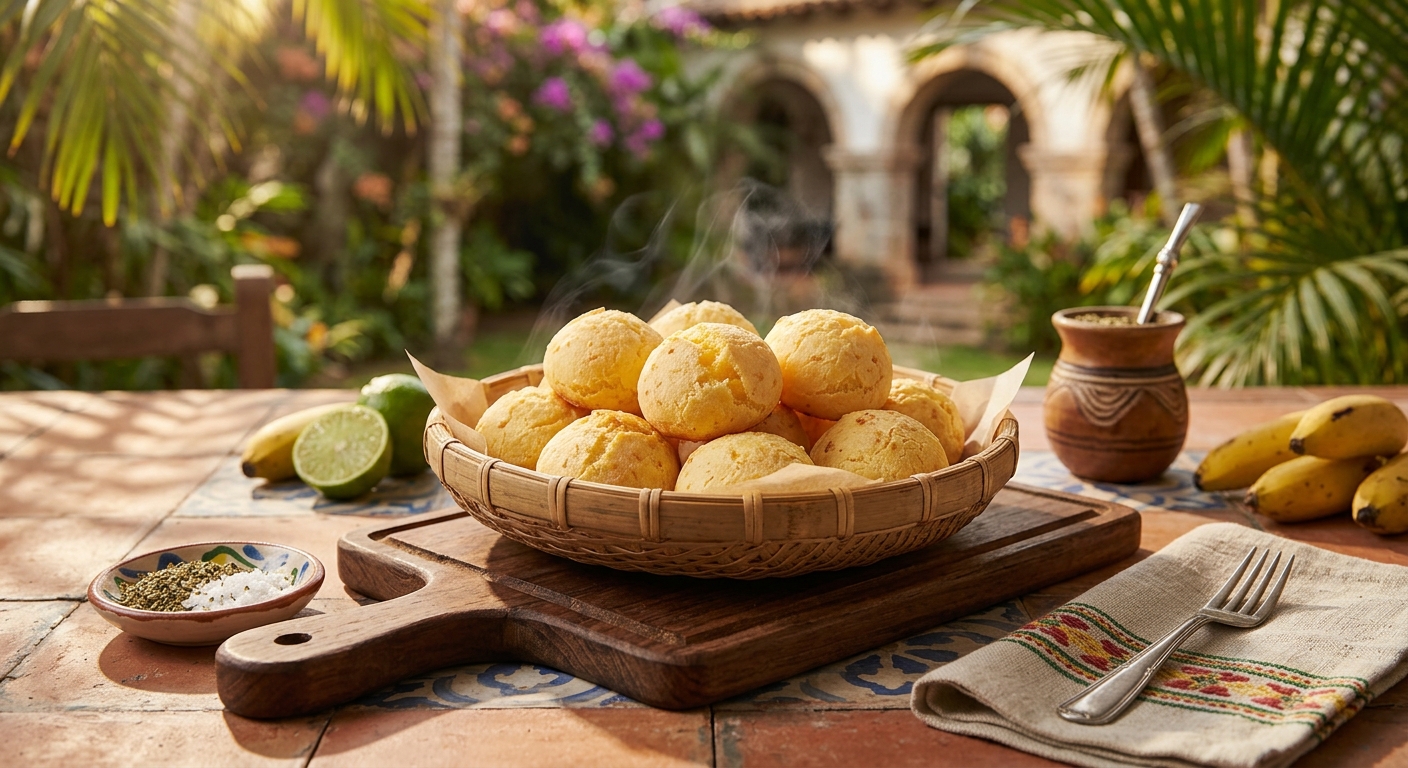 Pão de queijo dorado servido para compartir