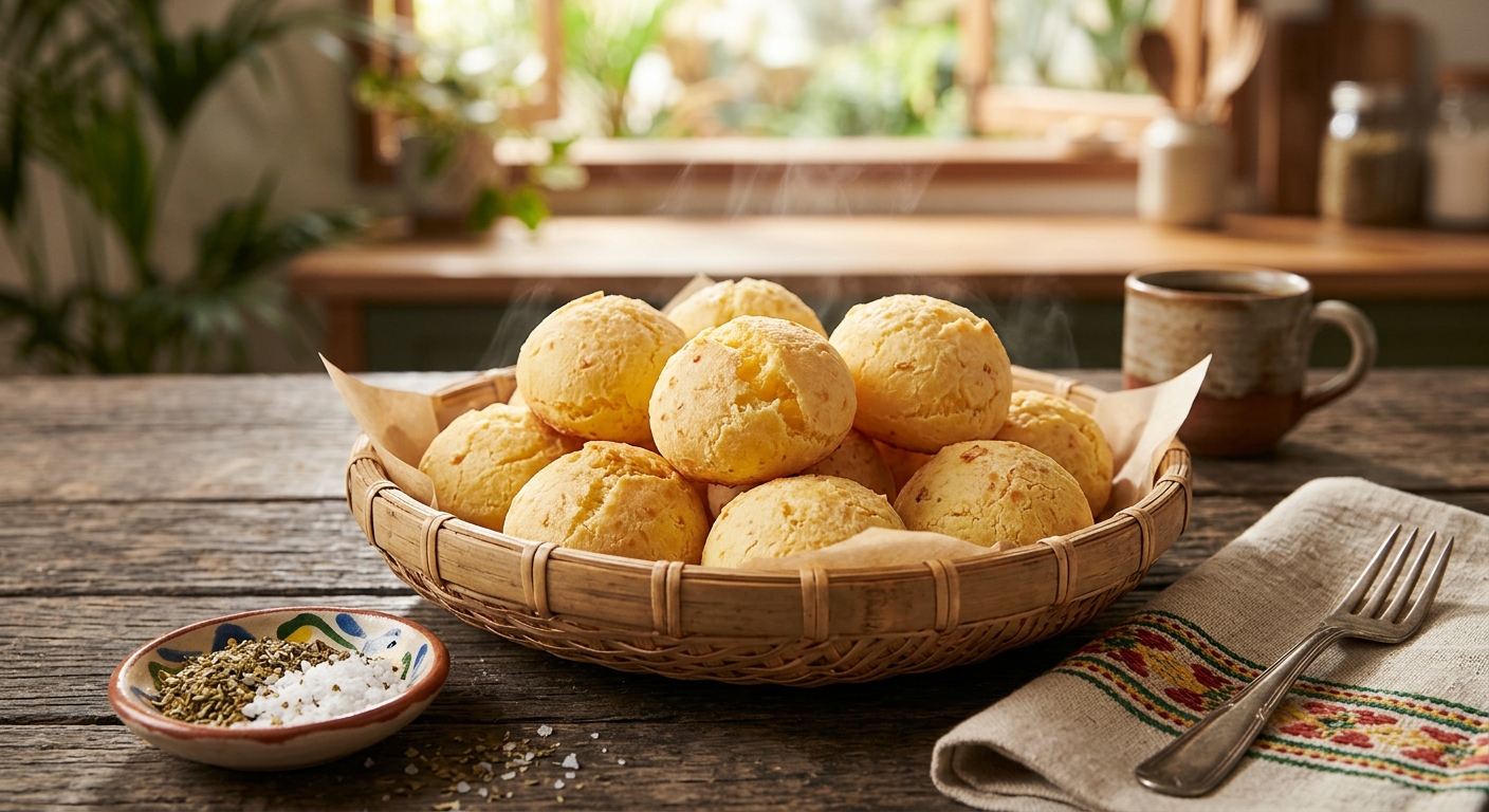 Pão de queijo brasileño dorado y recién horneado