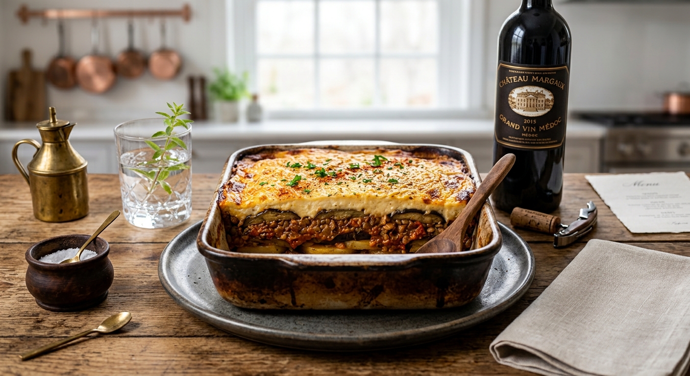 Moussaka de berenjena, lentejas y bechamel dorada