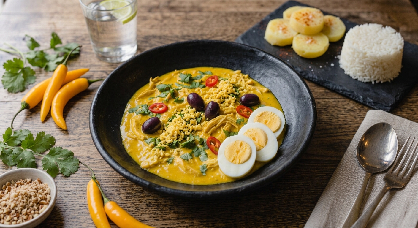 Ají de gallina servido con papa, arroz, huevo y aceituna