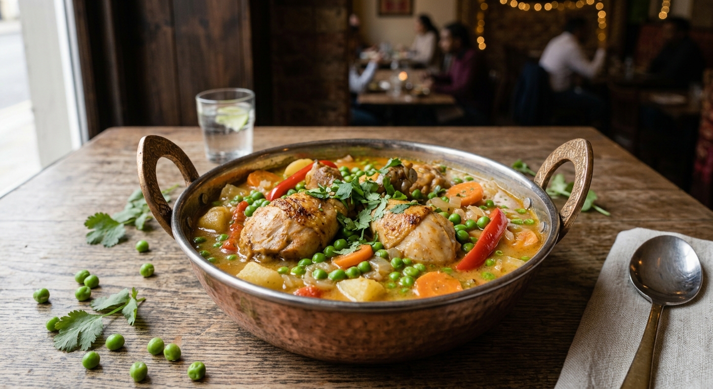 Pollo arvejado chileno con zanahoria, arvejas y salsa casera