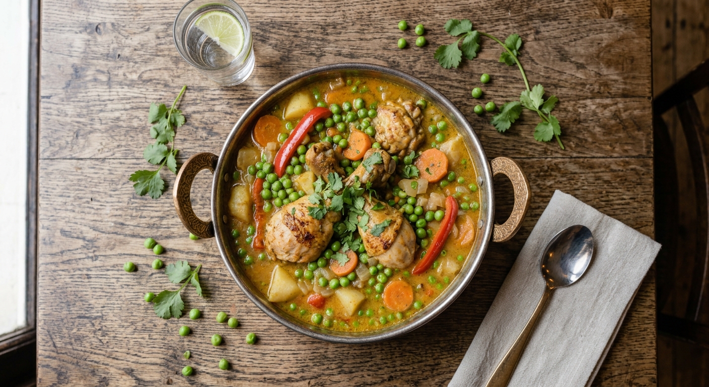 Pollo arvejado chileno con arvejas, zanahoria y cebolla