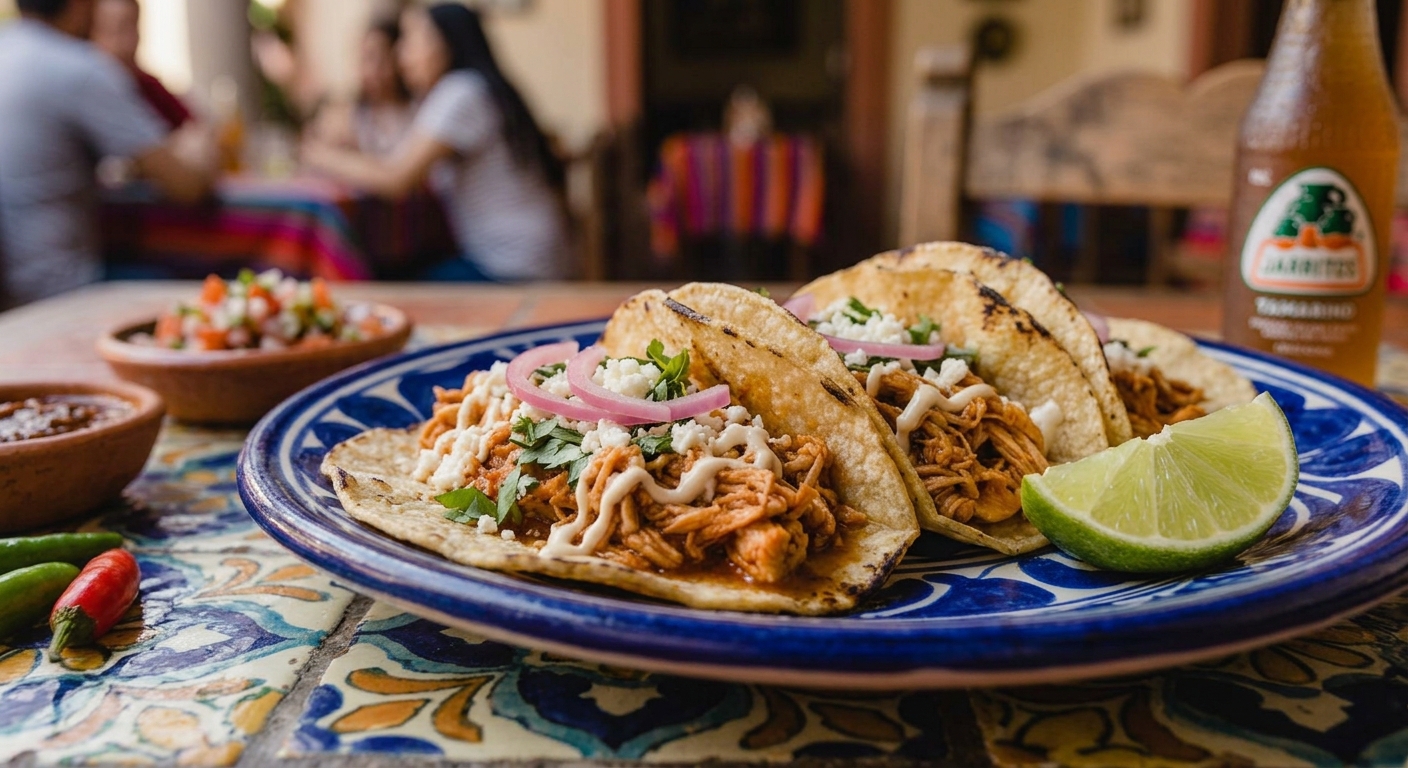Tacos de pollo tinga con crema, queso fresco y aguacate
