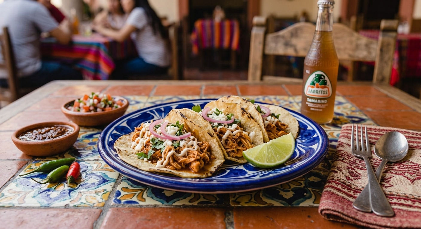 Tacos mexicanos con tinga de pollo, crema, queso y aguacate