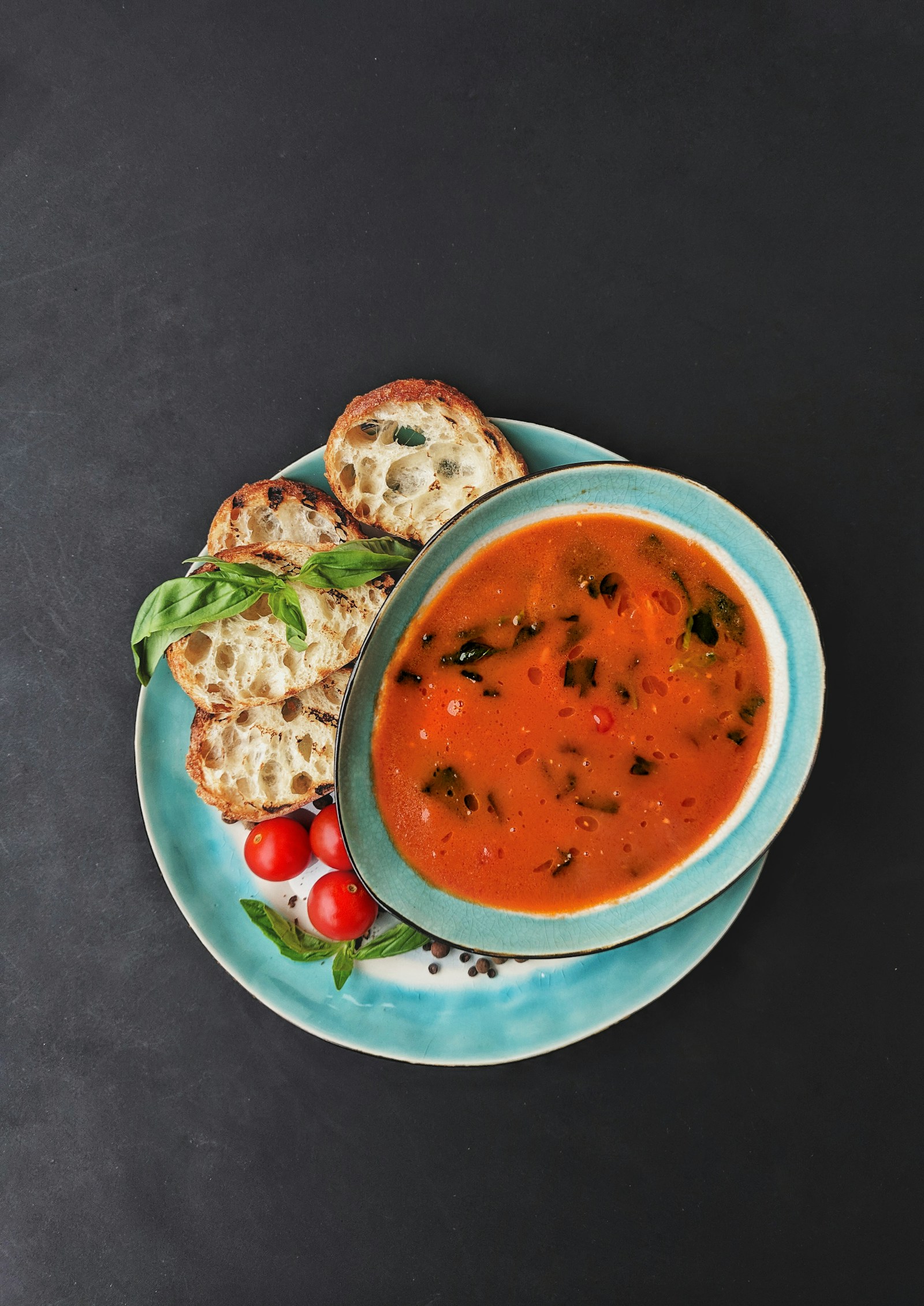 Sopa de tomate en bol de cerámica blanca