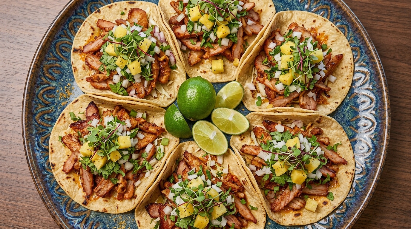Tacos al pastor servidos con piña, lima y salsa