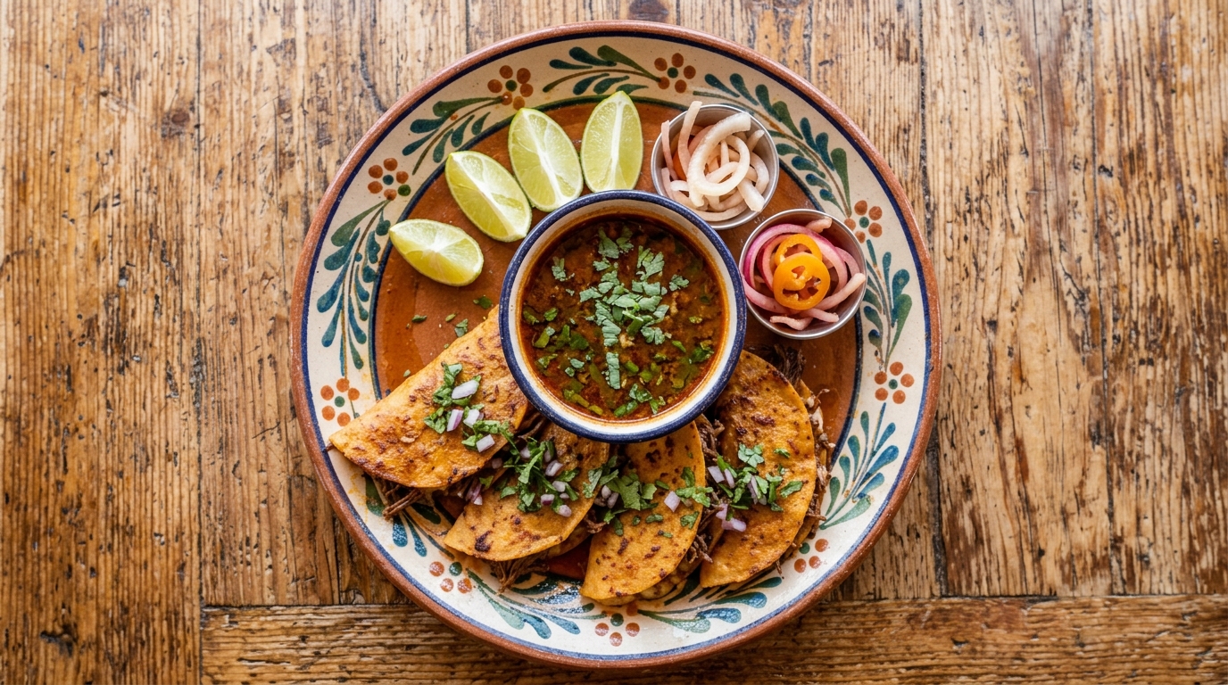 Tacos de birria servidos con consomé, lima y cebolla