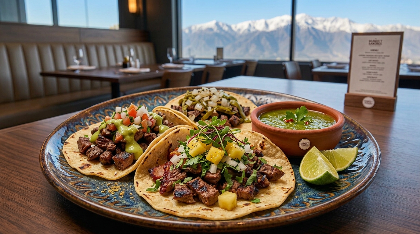Tacos de carne asada servidos con guacamole, salsa y lima