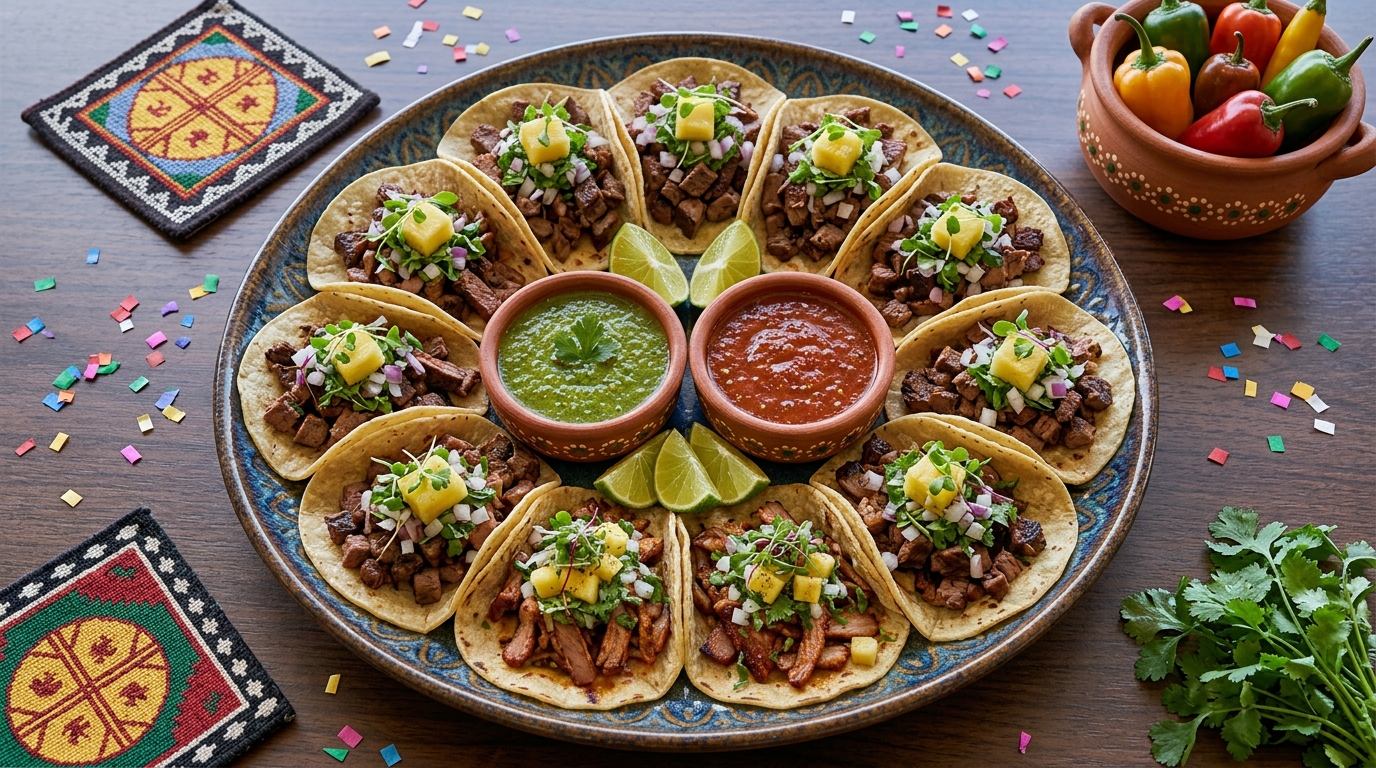 Tacos norteños de carne asada con salsa, cilantro y lima