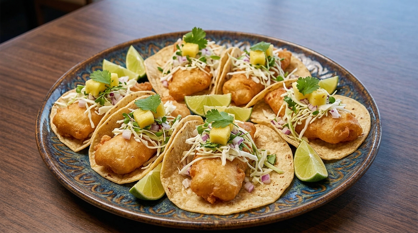 Tacos de pescado rebozado servidos con lima y col