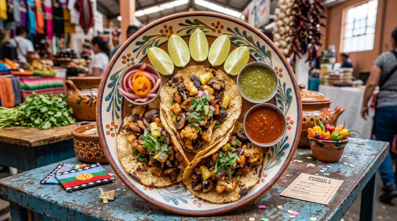 Tacos veganos de hongos y coliflor servidos con lima y salsas