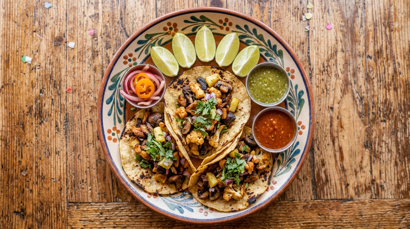 Tacos veganos al pastor de hongos y coliflor con piña