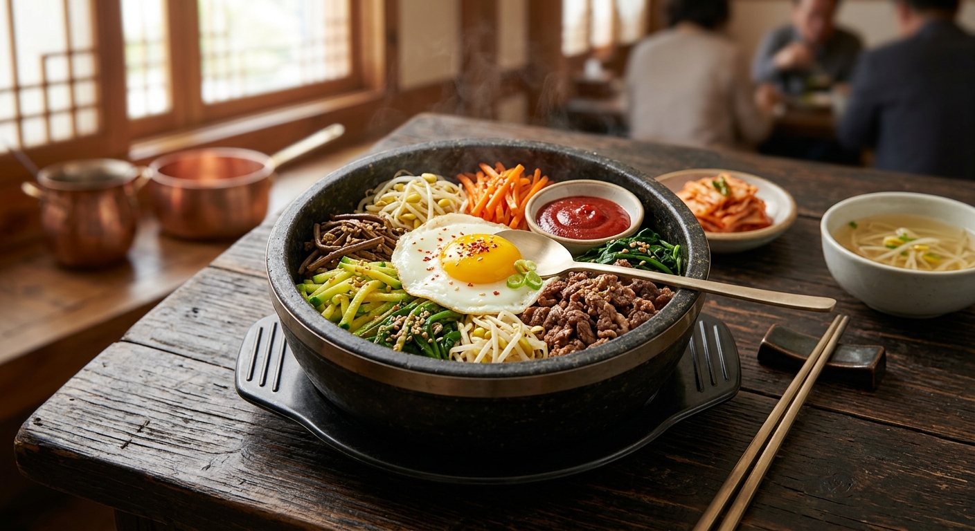 Bibimbap coreano con arroz, carne, vegetales y huevo