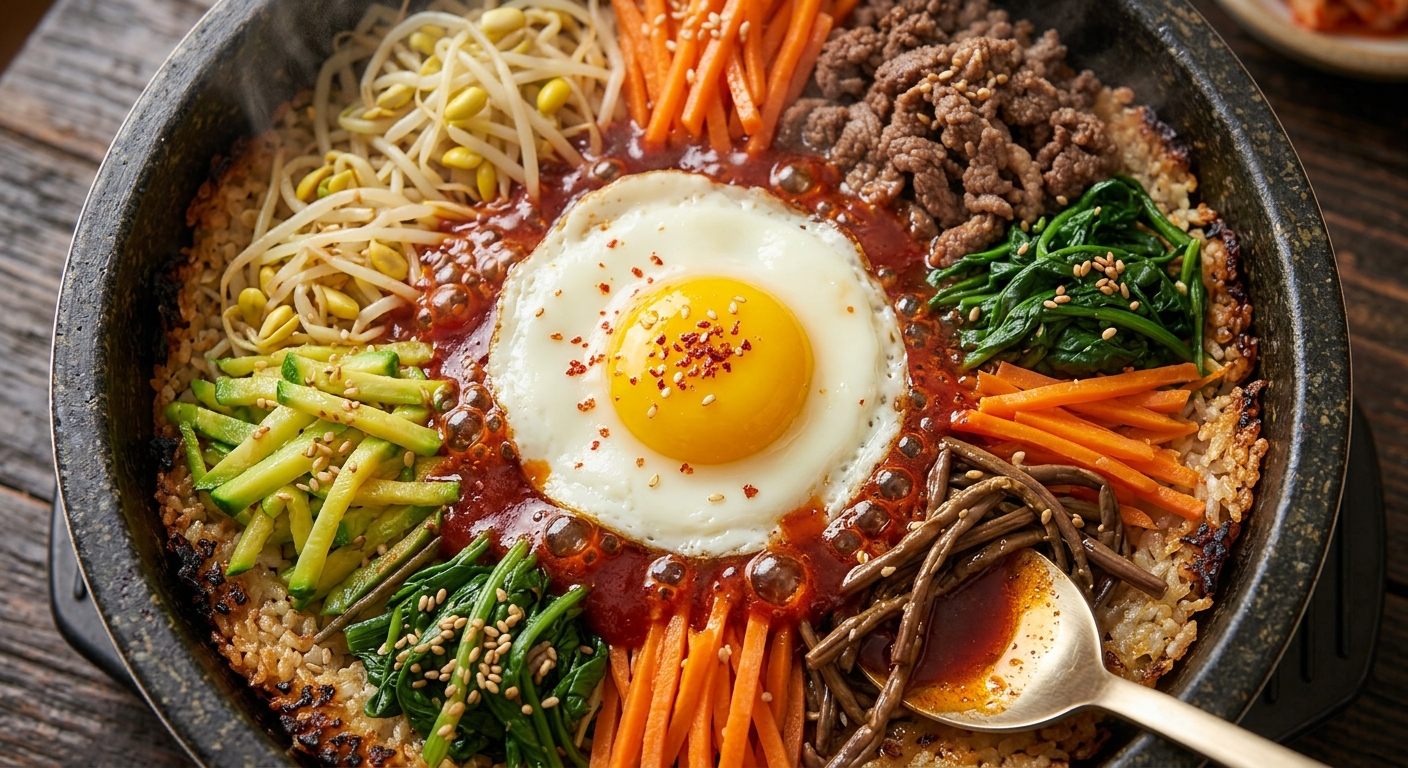 Vegetales y carne preparados por separado para montar bibimbap