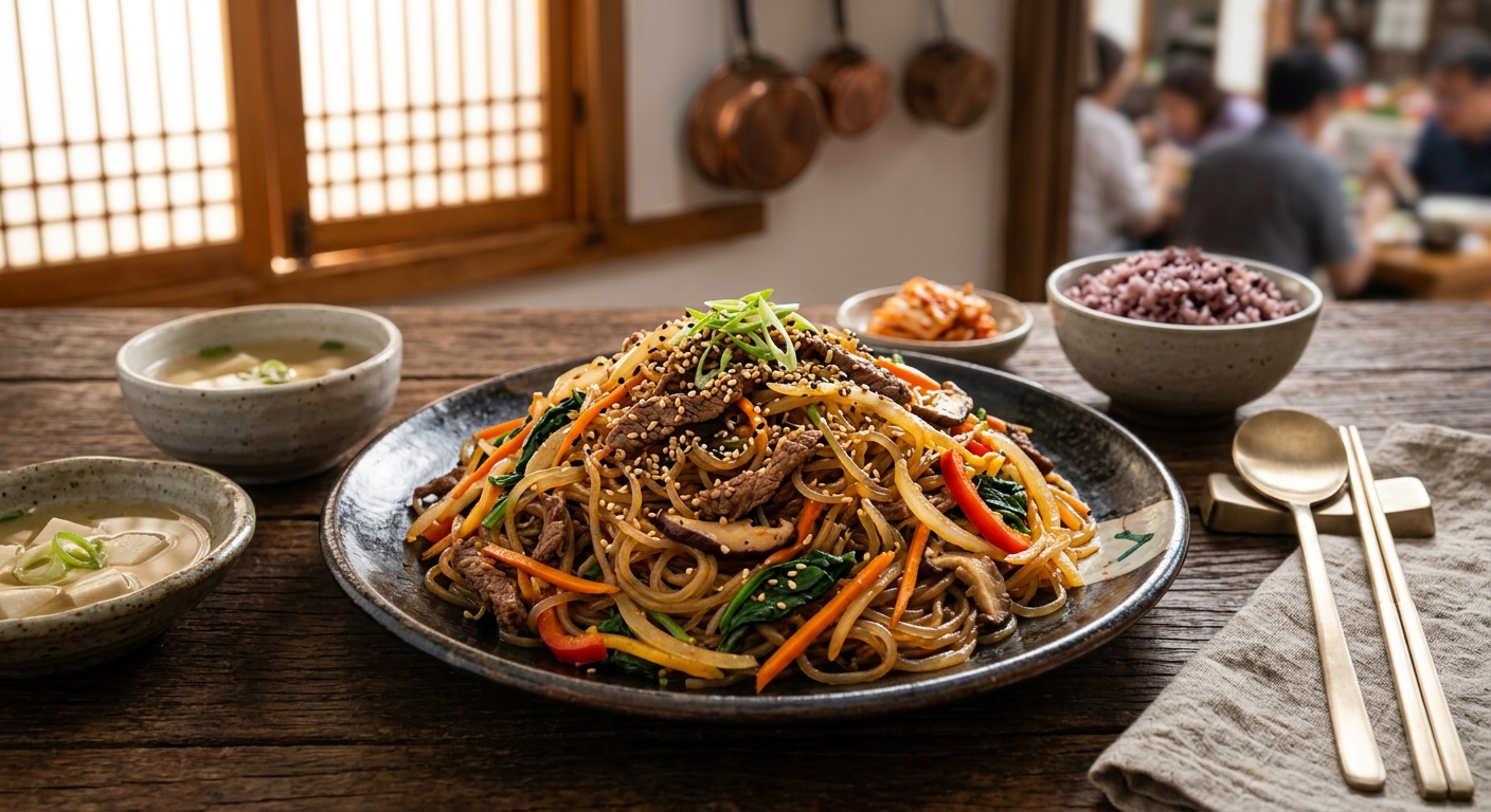 Japchae coreano de fideos de camote, vegetales y vacuno
