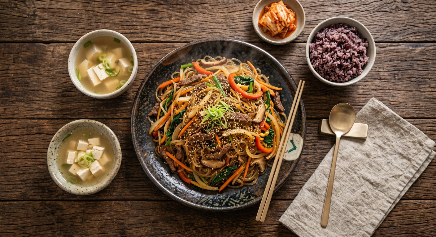 Fideos y acompañamientos de japchae preparados para mezclar