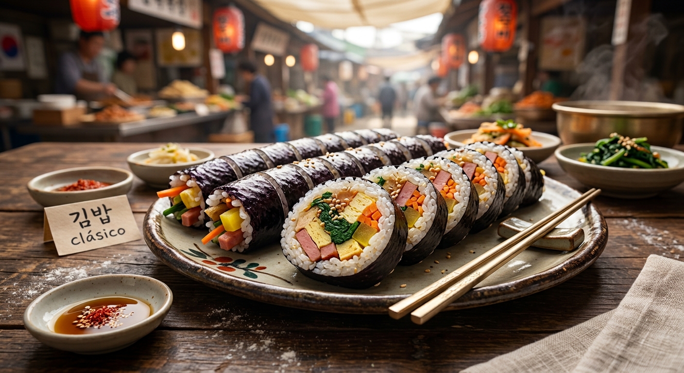 Kimbap coreano en rodajas con arroz, alga y relleno colorido