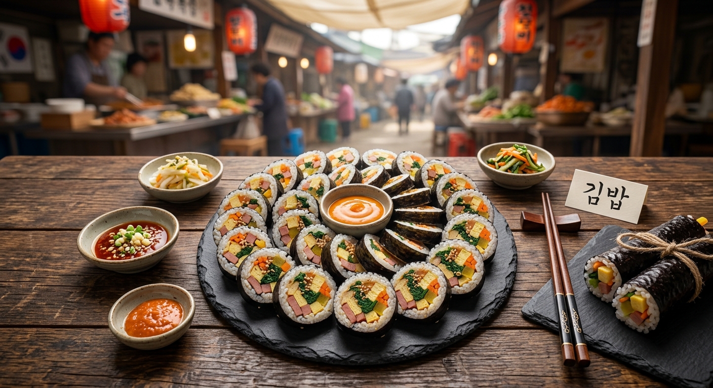 Ingredientes y rollos de kimbap preparados para rellenar y cortar
