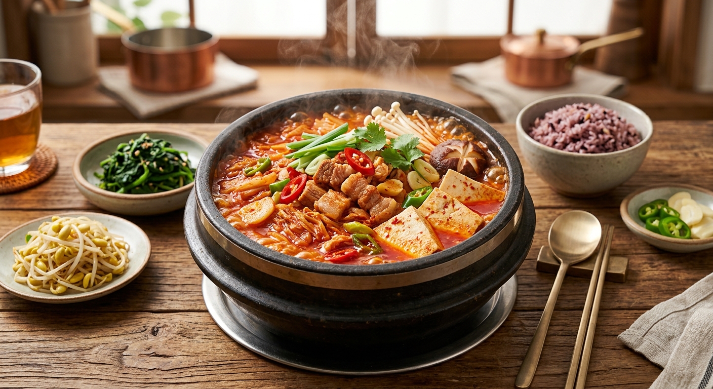 Kimchi jjigae coreano con cerdo, tofu y cebollín