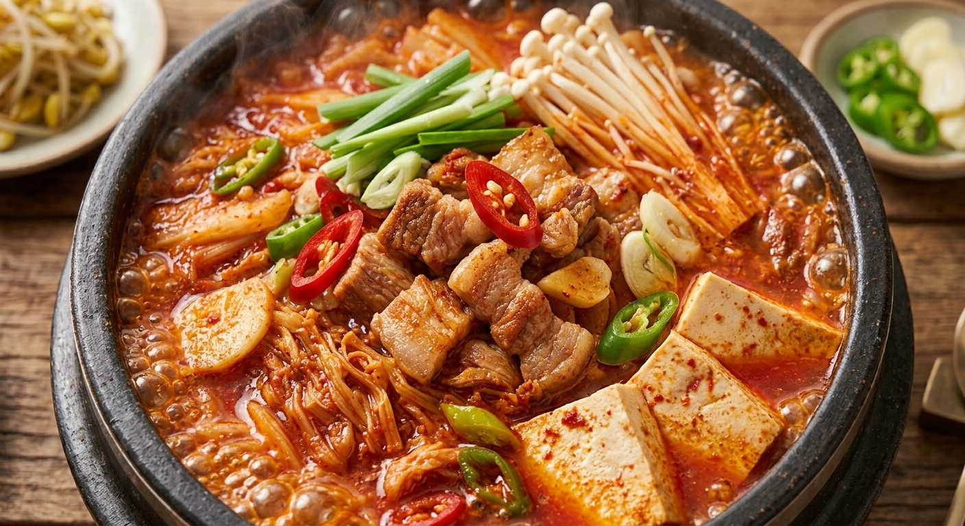 Detalle del guiso coreano con kimchi, tofu y panceta
