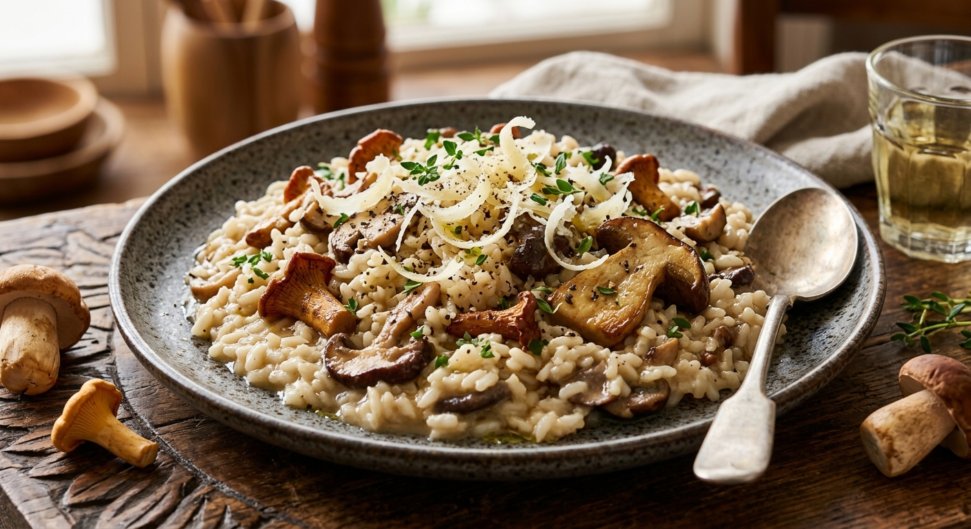 Risotto cremoso de hongos con parmesano